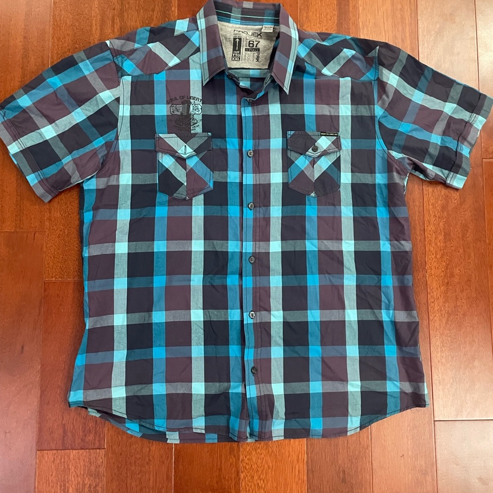 PROjekRAW Men’s Button Down Short Sleeve Plaid Print Shirt